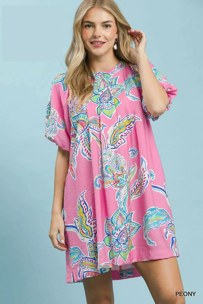 Umgee boho floral print mini dress with pockets, featuring a relaxed fit and casual style, perfect for summer or spring wear.