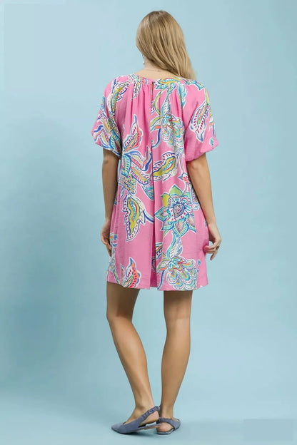 Umgee boho floral print mini dress with pockets, casual summer dress featuring a relaxed fit and feminine floral design.