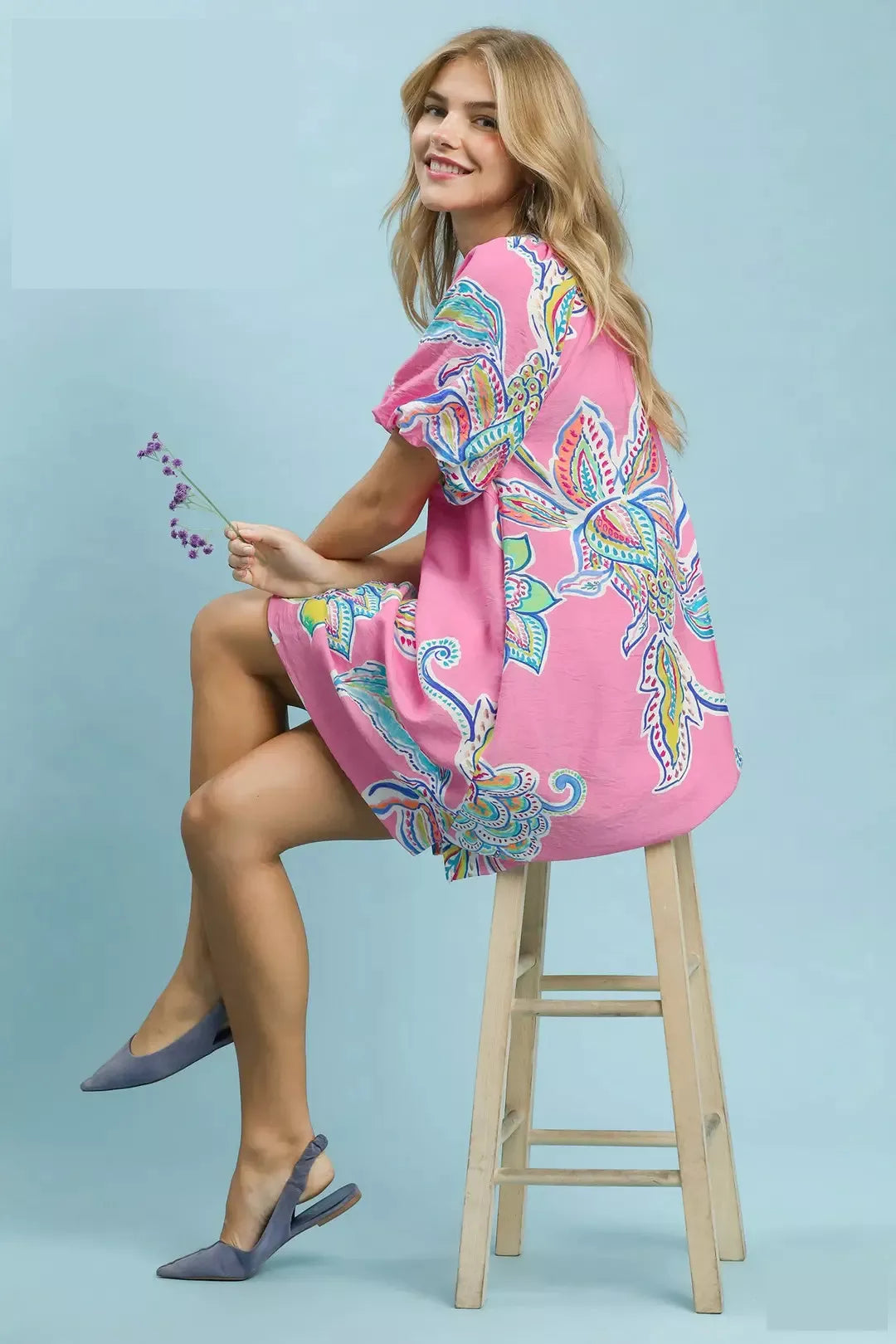 Trendsi Umgee boho floral print mini dress with pockets, lightweight fabric, and relaxed fit, perfect for casual summer wear.