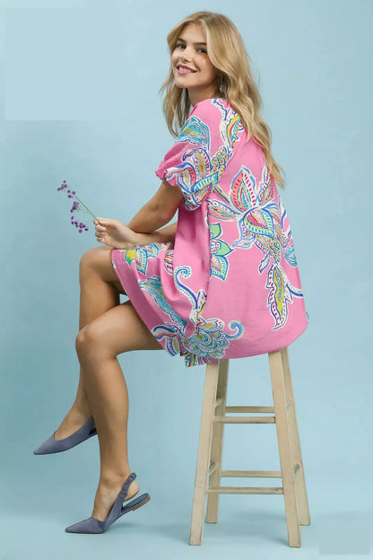 Trendsi Umgee boho floral print mini dress with pockets, lightweight fabric, and relaxed fit, perfect for casual summer wear.