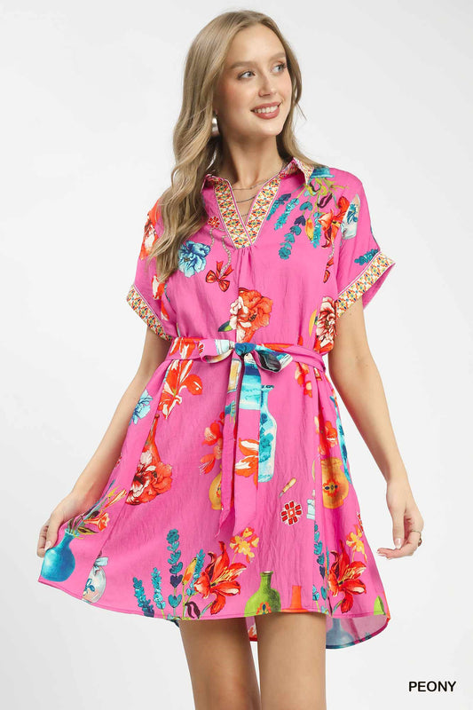 Trendsi Umgee floral print mini dress with belt, featuring a casual summer style and vibrant peony pattern.