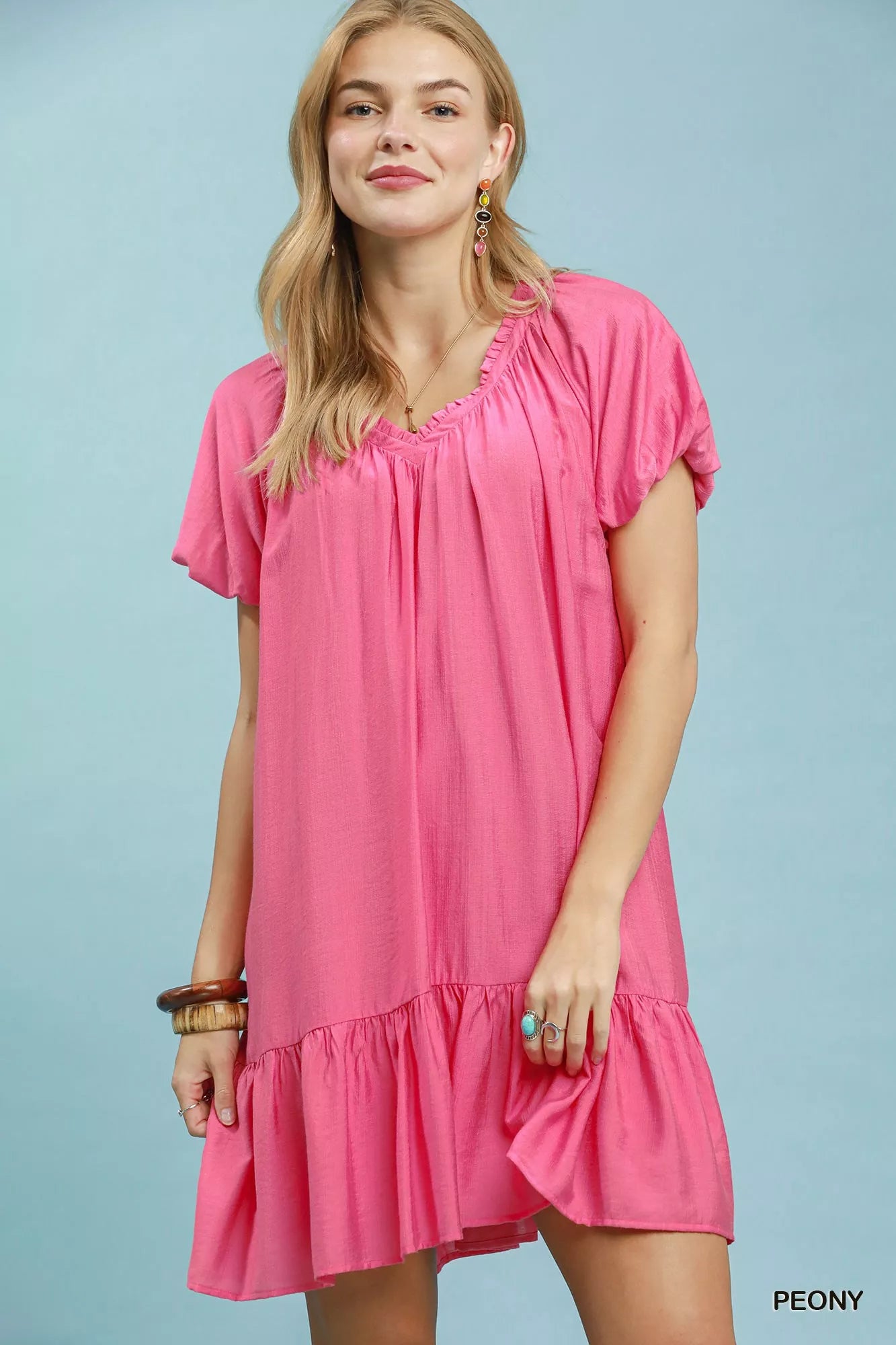 Peony pink Umgee Ruffle Hem Shift Mini Dress by Trendsi, featuring a flowy silhouette and ruffle details at the hem.