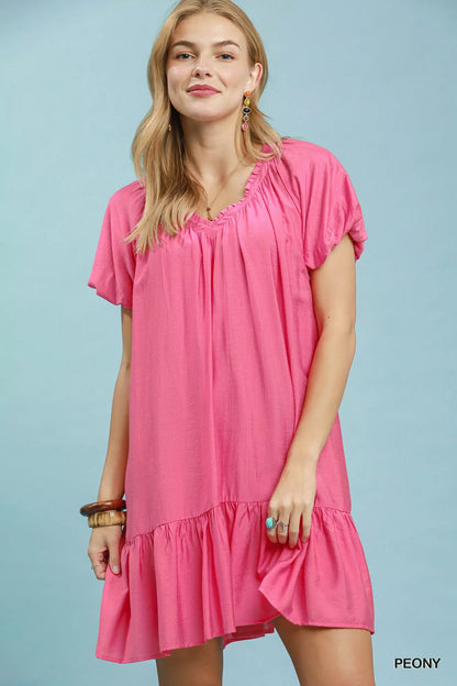 Peony pink Umgee Ruffle Hem Shift Mini Dress by Trendsi, featuring a flowy silhouette and ruffle details at the hem.