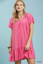 Peony pink Umgee Ruffle Hem Shift Mini Dress by Trendsi, featuring a flowy silhouette and ruffle details at the hem.