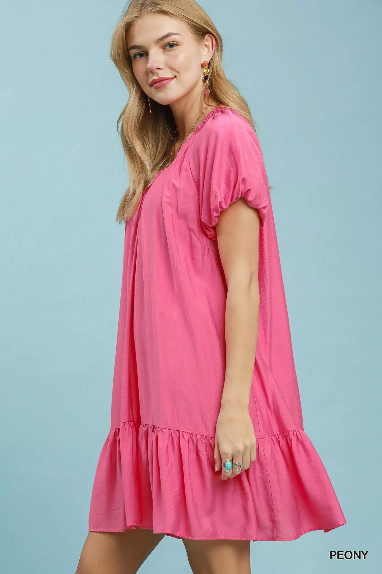 Peony pink Umgee ruffle hem shift mini dress with short sleeves and a relaxed fit, perfect for casual summer wear.