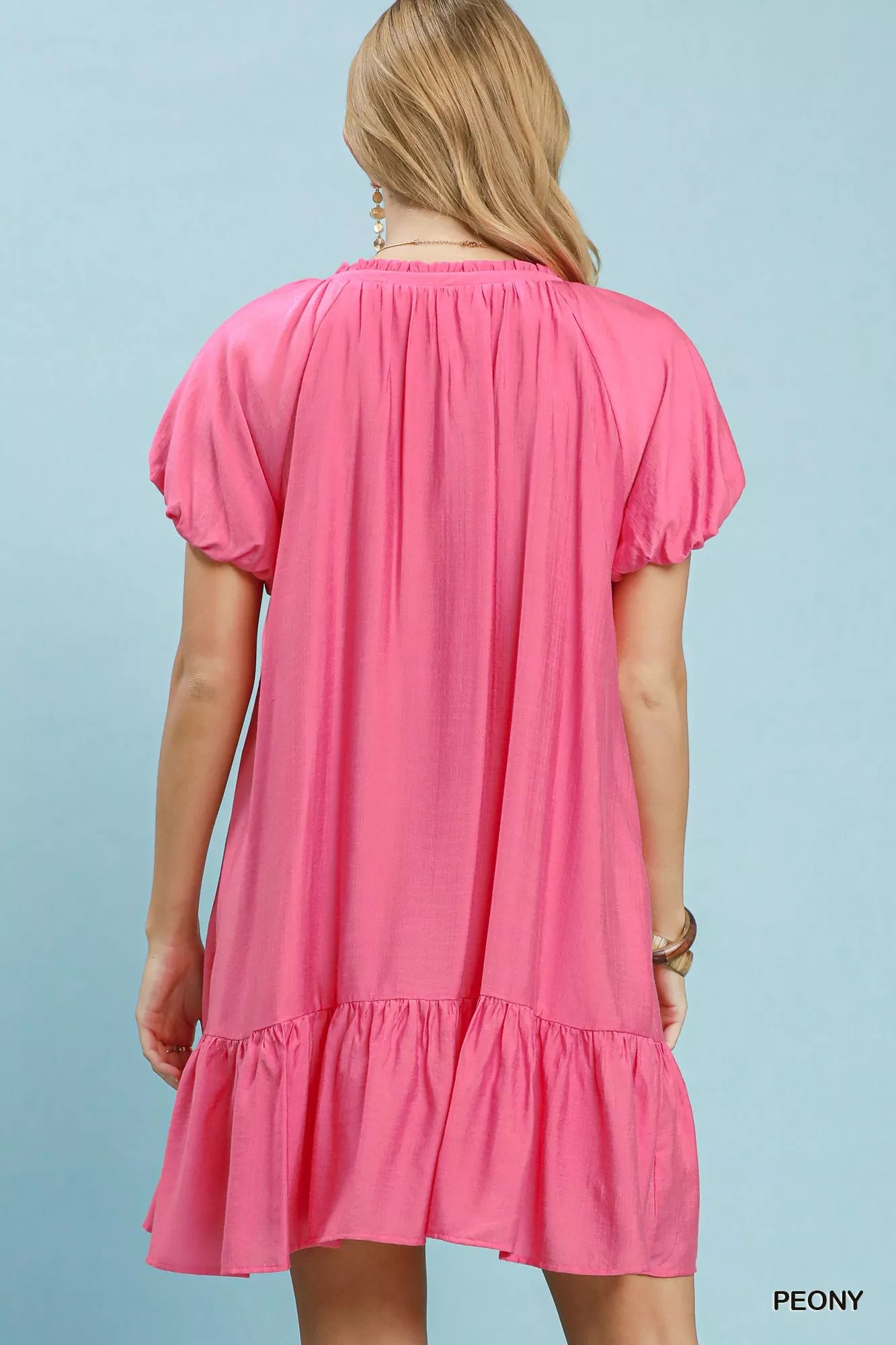 Peony pink Umgee Ruffle Hem Shift Mini Dress by Trendsi, featuring a flowy silhouette and stylish ruffle hem detail.