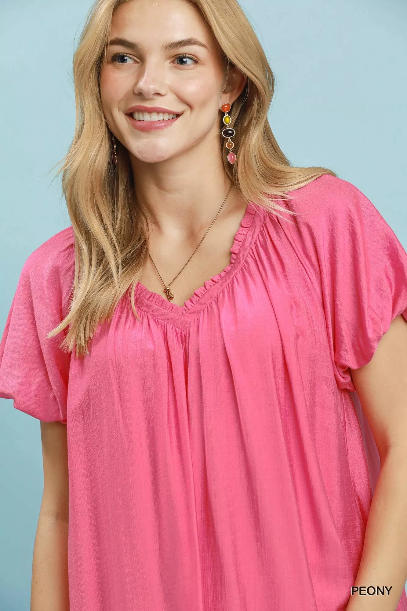 Pink Umgee Ruffle Hem Shift Mini Dress by Trendsi featuring a flowy silhouette and ruffle detail at the hem.