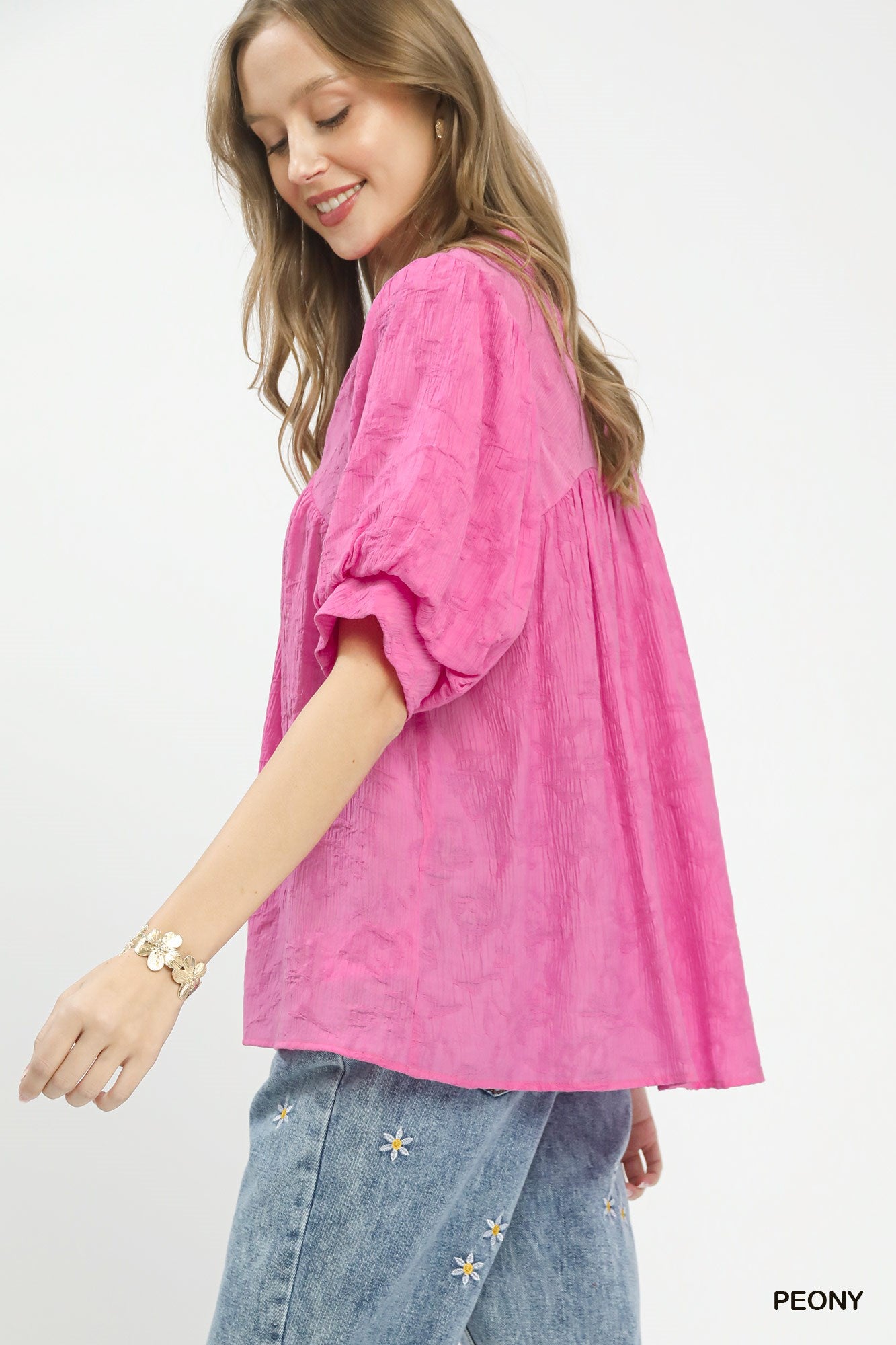 Textured lace trim boho blouse with V-neck from Umgee, featuring a relaxed fit and trendy design in a casual women's top style.