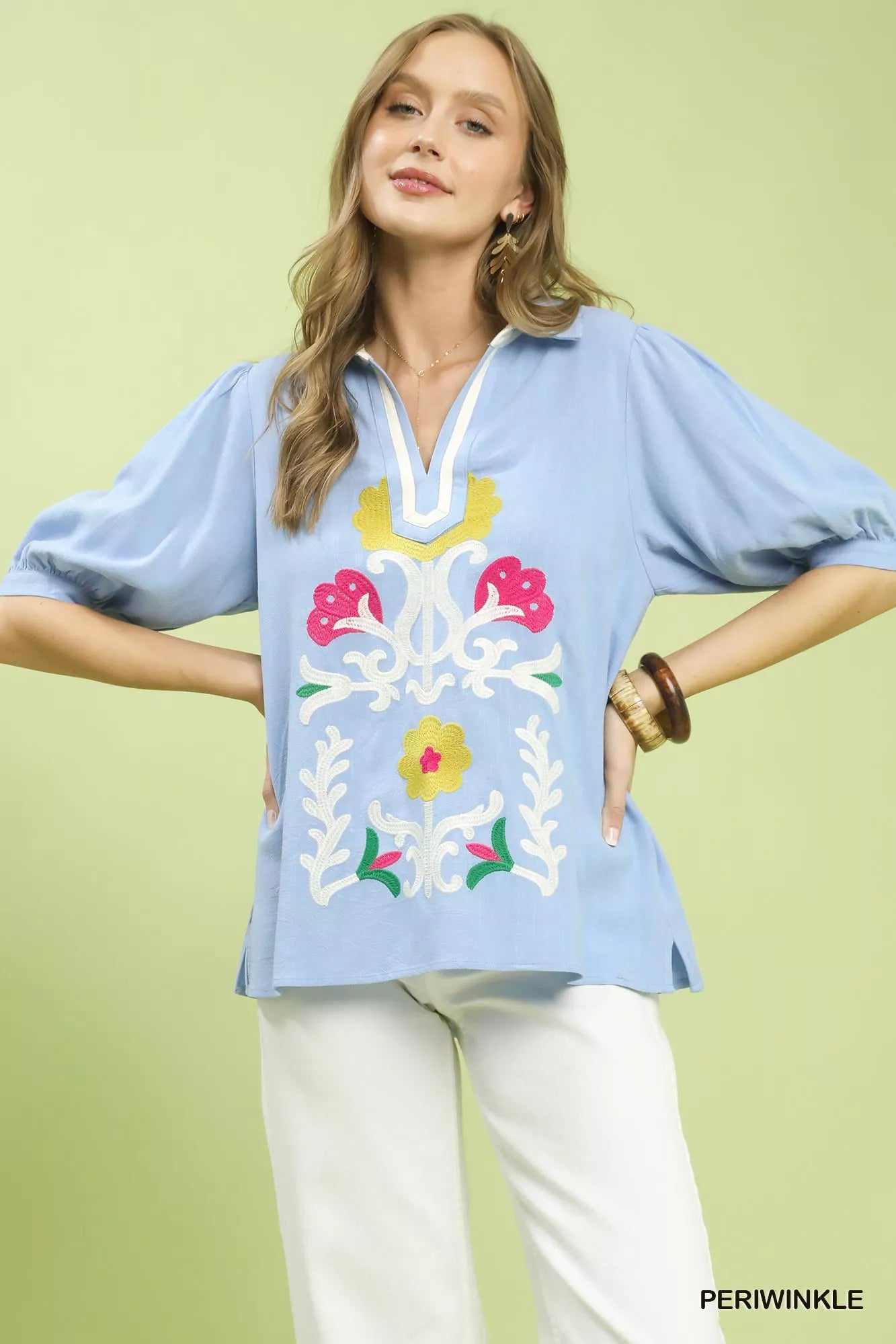 Periwinkle Umgee mixed media V-neck print blouse with long sleeves and relaxed fit, ideal for casual or stylish outfits