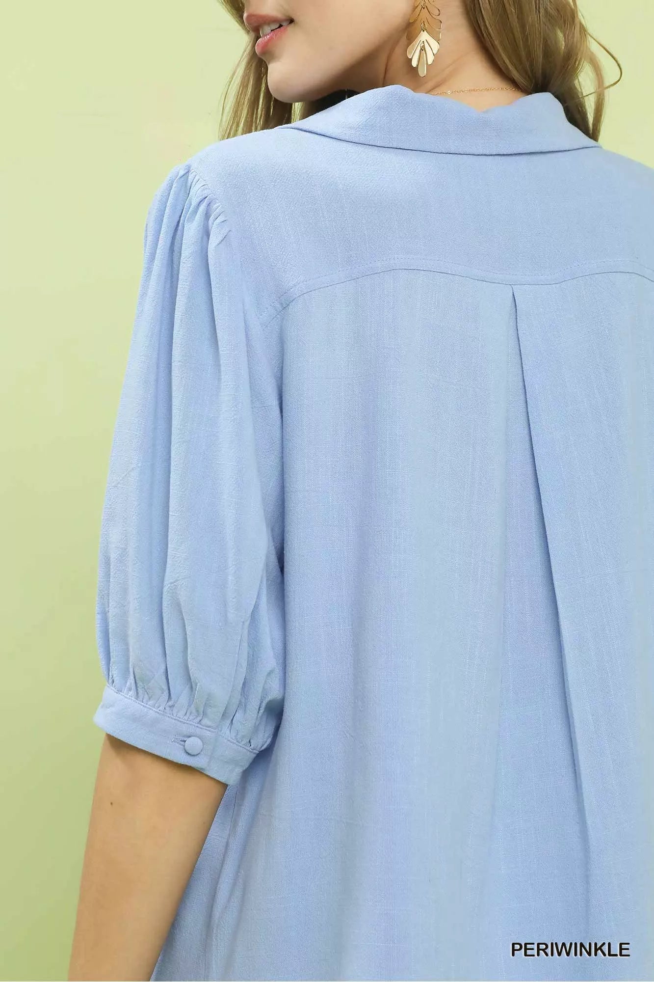 Periwinkle Umgee mixed media V-neck print blouse with long sleeves and relaxed fit, stylish top by Trendsi.