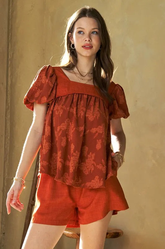 Davi & Dani nature printed square neck puff sleeve blouse in persimmon color, stylish and lightweight for casual wear