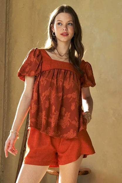 Davi & Dani nature printed square neck puff sleeve blouse in persimmon color, stylish and lightweight for casual wear