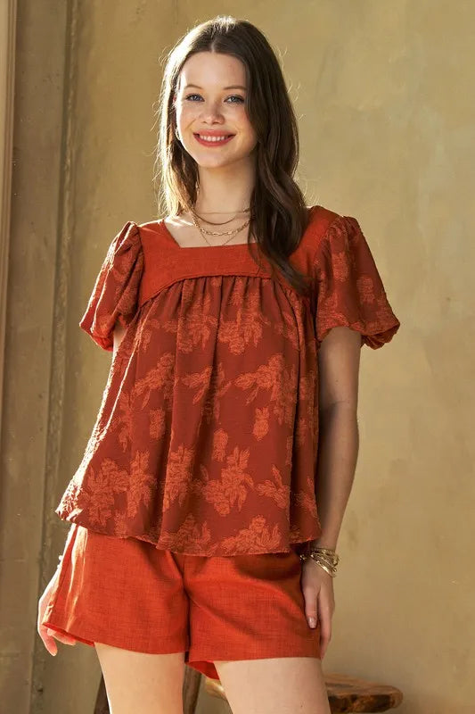 Davi & Dani Nature printed square neck puff sleeve blouse with long sleeves and floral design, perfect for casual or dressy wear.