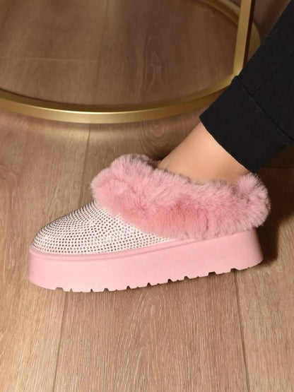 Pink WILD DIVA faux fur platform booties with embellishments, stylish women's footwear by Trendsi.