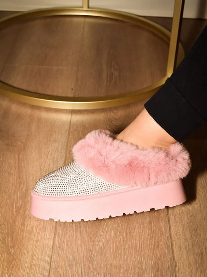 Pink WILD DIVA embellished faux fur platform booties by Trendsi, featuring decorative embellishments and chunky sole.