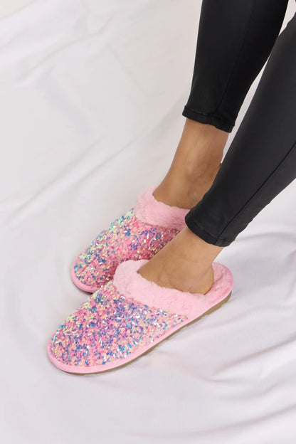 Pink Forever Link sequin plush round toe slippers with soft interior and decorative sequins for cozy comfort.