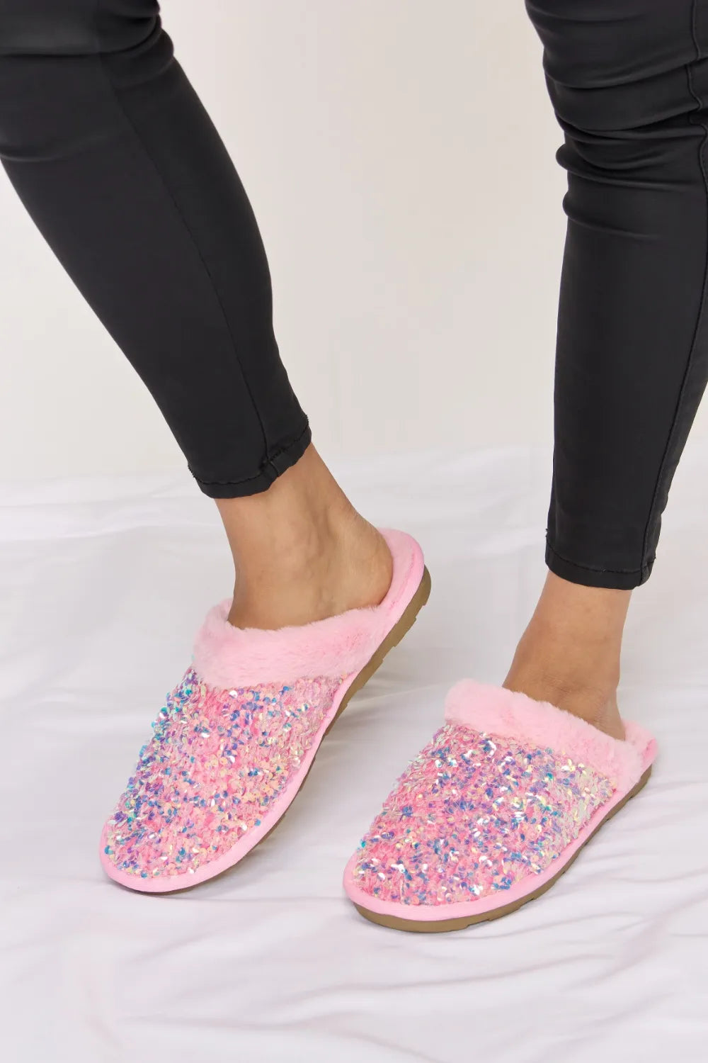 Pink Forever Link Sequin Plush Round Toe Slippers from Trendsi with soft plush material and sparkling sequin accents
