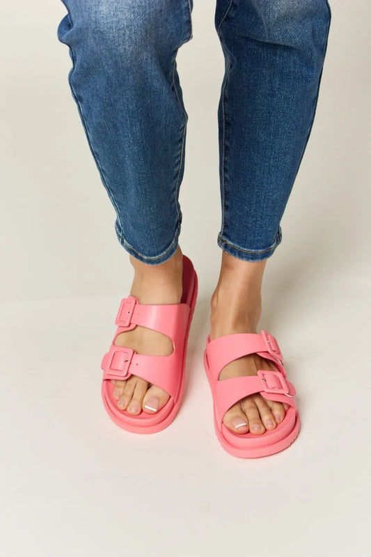 Pink Legend Double Buckle Open Toe Sandals by Trendsi featuring double buckle straps and open toe design.