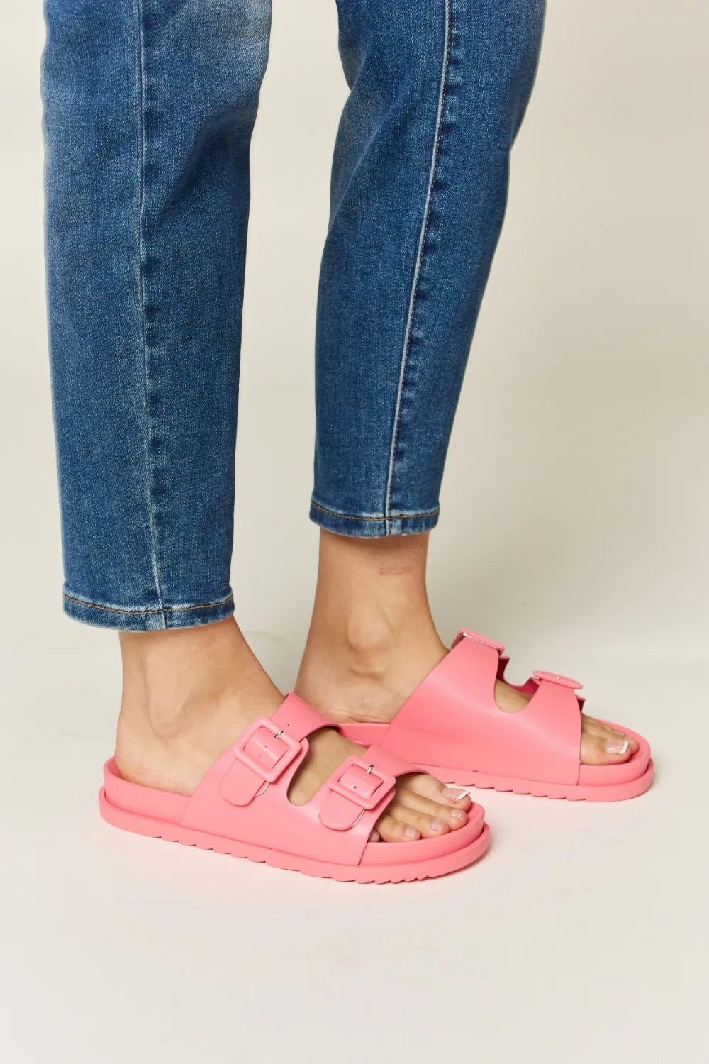 Pink Legend Double Buckle Open Toe Sandals by Trendsi with double buckles and open toe design, stylish and comfortable footwear.