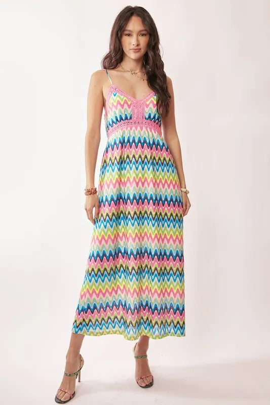 Davi & Dani multicolor crochet lace midi dress in pink and blue, stylish and feminine, perfect for casual or dressy occasions.