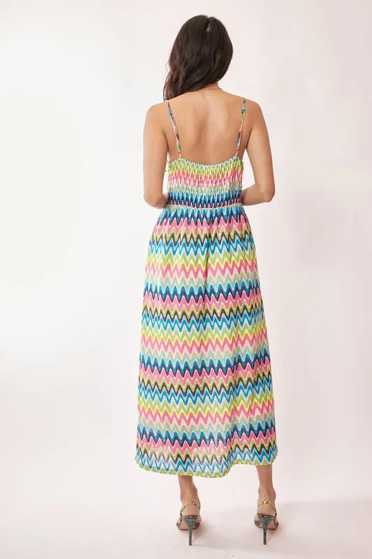 Davi & Dani multi-color crochet lace midi dress featuring pink and blue hues, stylish and feminine for elegant occasions.