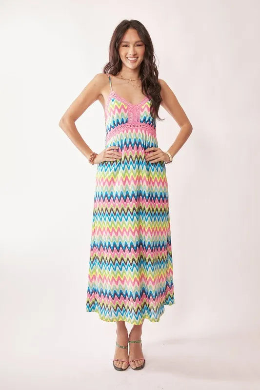 Multi-color crochet lace midi dress by Davi & Dani featuring pink and blue hues, stylish and feminine for casual or semi-formal wear.