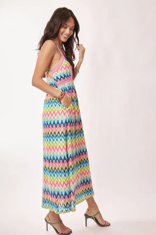 Multi-color crochet lace midi dress by Davi & Dani featuring pink and blue hues and a stylish, feminine design.