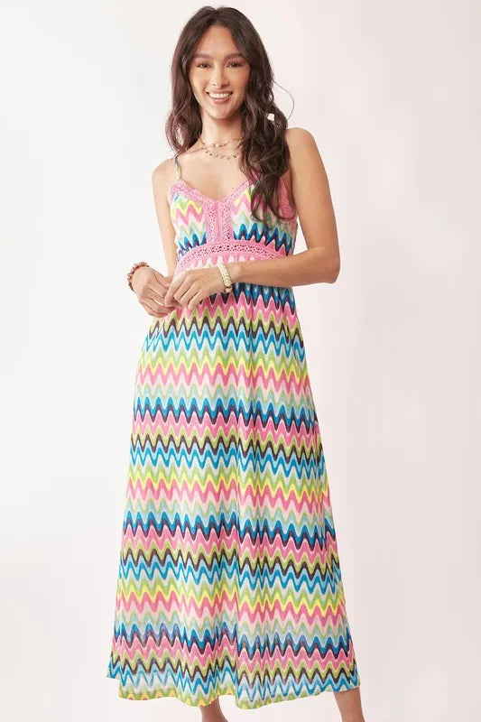 Davi & Dani multi-color crochet lace midi dress in pink and blue, stylish and elegant for casual or semi-formal occasions