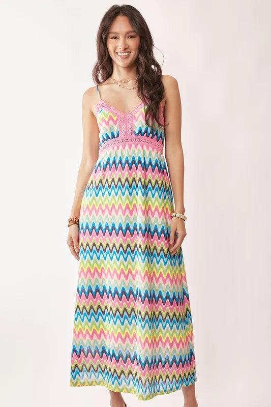 Multi-color crochet lace midi dress by Davi & Dani featuring pink and blue hues, perfect for stylish summer occasions.