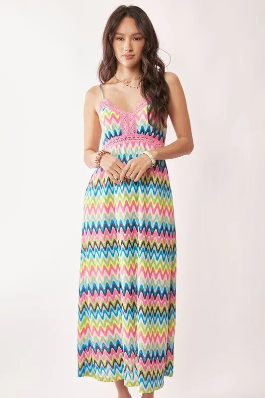 Multi-color crochet lace midi dress by Davi & Dani featuring pink and blue hues, perfect for stylish summer looks.