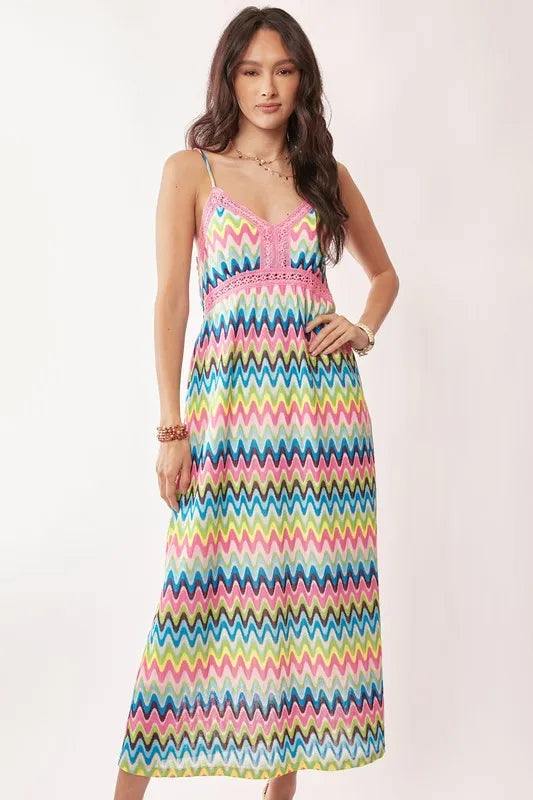 Davi & Dani multi-color crochet lace midi dress in pink and blue, featuring intricate lace details and a flowing silhouette.
