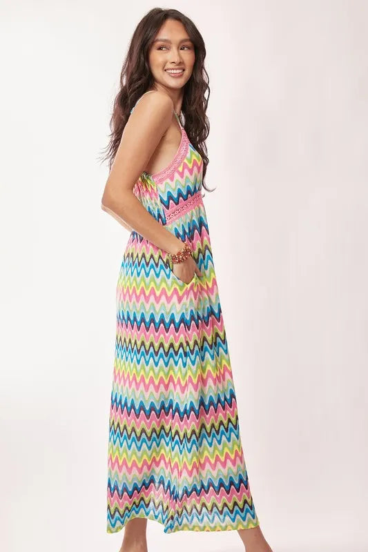 Davi & Dani multi-color crochet lace midi dress in pink and blue, featuring intricate lace details and a flowing silhouette.