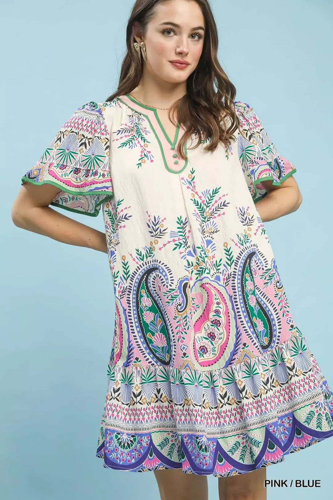 Pink and blue paisley mini dress with flutter sleeves by Umgee, featuring a stylish and flowy design.