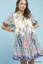Pink and blue paisley mini dress with flutter sleeves by Umgee, featuring a stylish and flowy design.