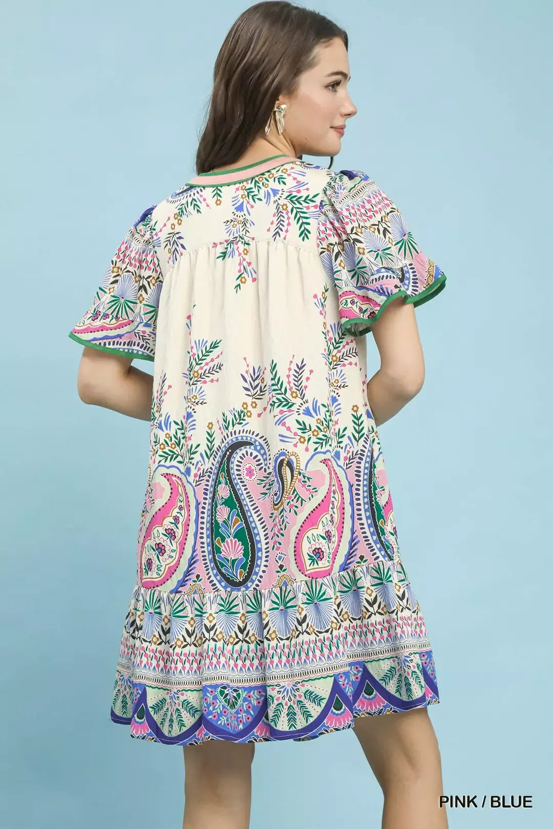Pink and blue paisley mini dress with flutter sleeves from Umgee, featuring a stylish, flowy design perfect for casual wear.