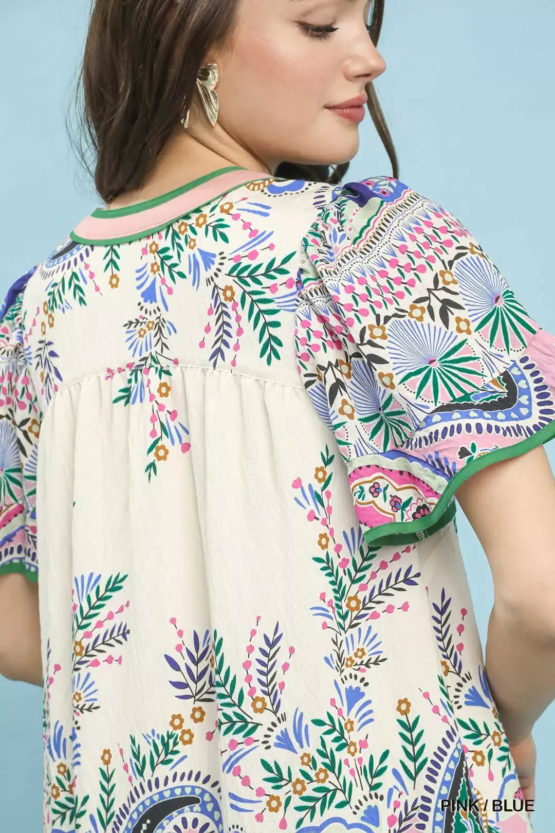 Pink and blue Paisley Flutter Sleeve Mini Dress by Umgee, featuring a flowy design and stylish short sleeves.