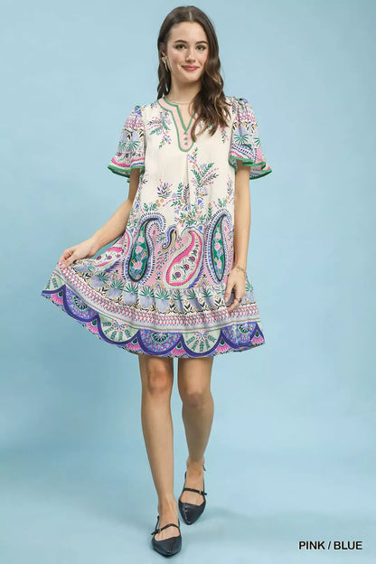Pink and blue Umgee Paisley mini dress with flutter sleeves, stylish and lightweight for casual or summer wear.
