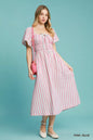 Pink and blue striped Umgee smocked short sleeve midi dress with a relaxed fit, perfect for casual summer wear.