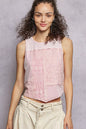 Pink blush POL ribbed round neck cropped tank top with lace detail, from Trendsi, showcasing its cropped fit and delicate lace accents.
