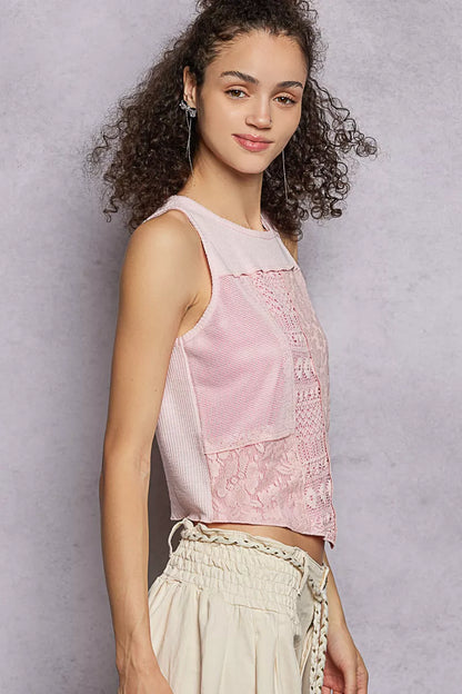 Pink blush POL ribbed round neck cropped tank top with lace detail, stylish sleeveless fashion for women.