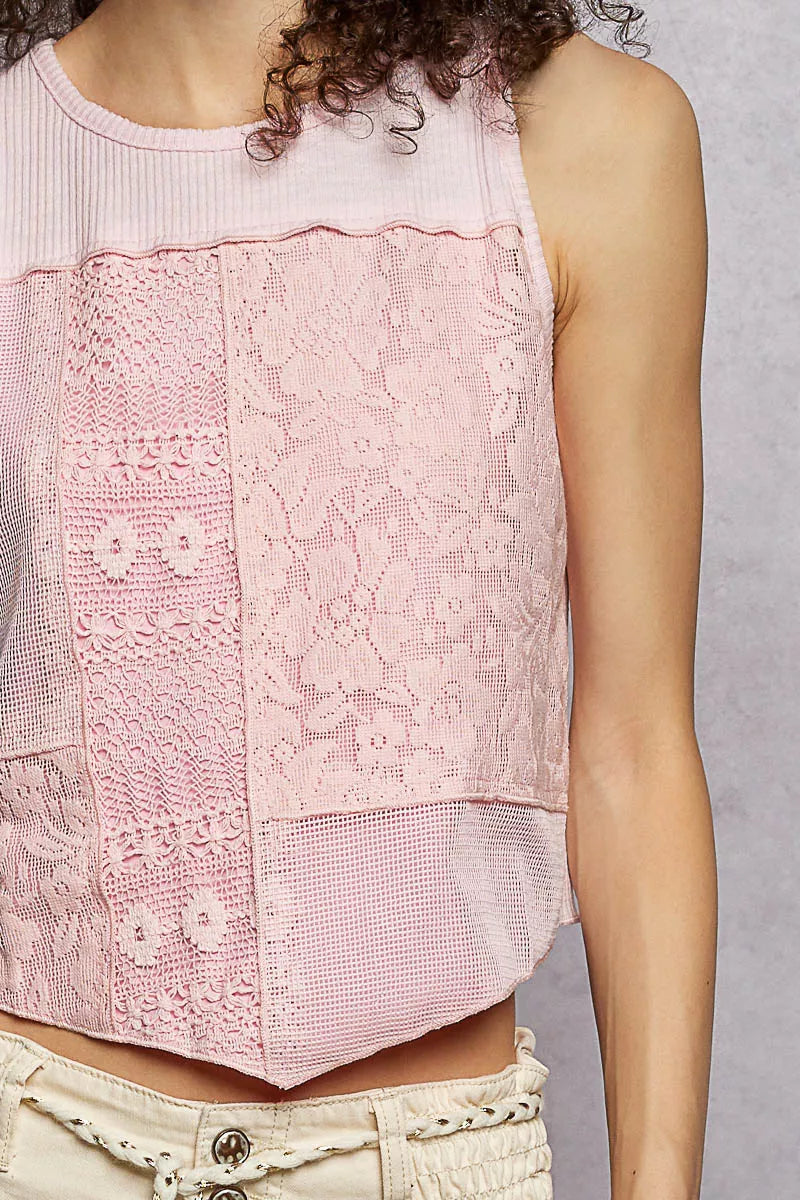 Pink blush POL ribbed round neck cropped tank top with lace detail, featuring a fitted design and stylish neckline.