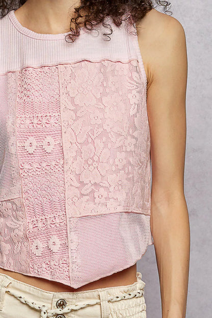 Pink blush POL ribbed round neck cropped tank top with lace detail, featuring a fitted design and stylish neckline.