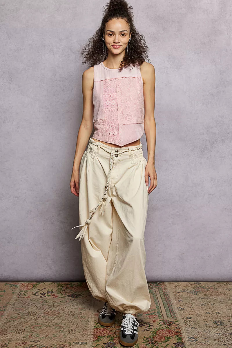 Pink blush POL ribbed round neck cropped tank top with lace detail from Trendsi.