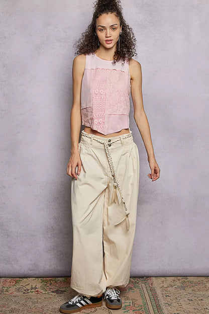 Pink blush ribbed cropped tank top with round neck and lace detail, trendy Trendsi fashion item.