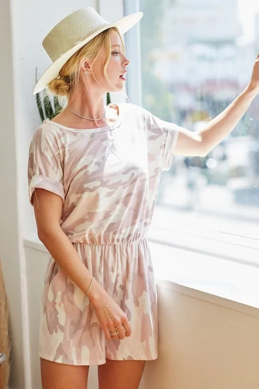Pink camo print French Terry romper with side pockets, stylish BiBi Camo Print jumpsuit by Trendsi.