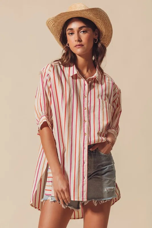 Multicolored stripe button-down shirt by Trendsi, featuring pink, orange, and blue vibrant stripes on lightweight fabric.