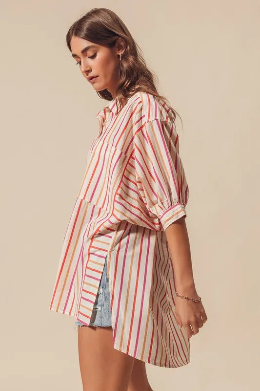 Multicolored stripe button-down shirt from SO ME by Trendsi, featuring pink, white, and blue vertical stripes and a classic collar.