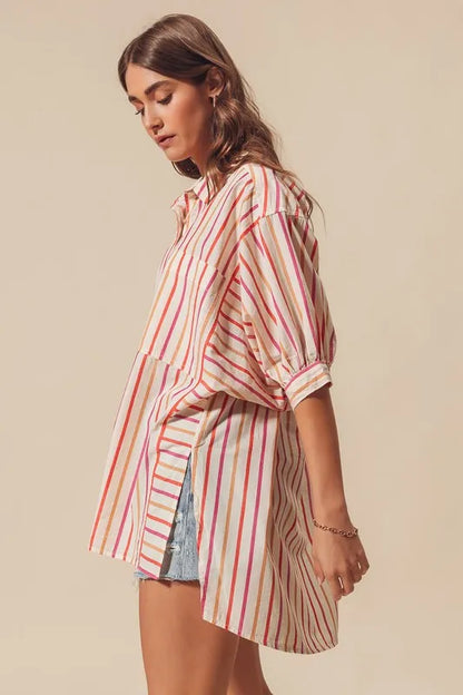 Multicolored stripe button-down shirt from SO ME by Trendsi, featuring pink, white, and blue vertical stripes and a classic collar.