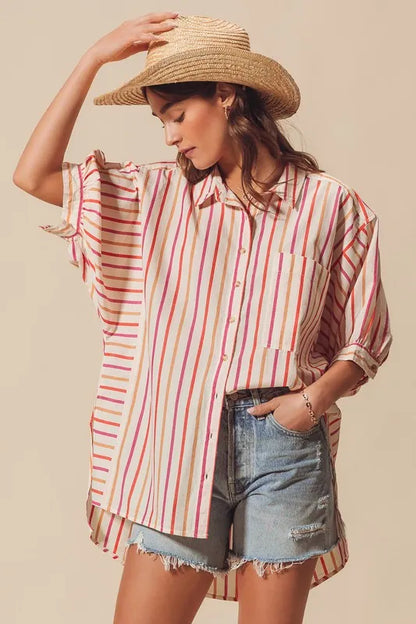 Multicolored stripe button-down shirt from SO ME by Trendsi, featuring pink and vibrant vertical stripes and classic collar.