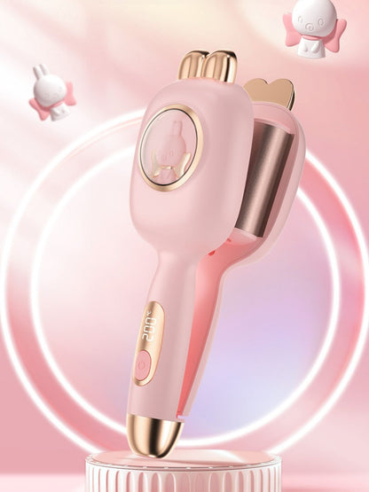 Pink Trendsi fast heating hair curling iron with European plug, showcasing its sleek design and curling barrel.